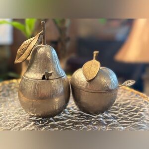 Solid Metal Pear & Apple Lidded Server Set • Sculptural Fruit Motif • Gourmet